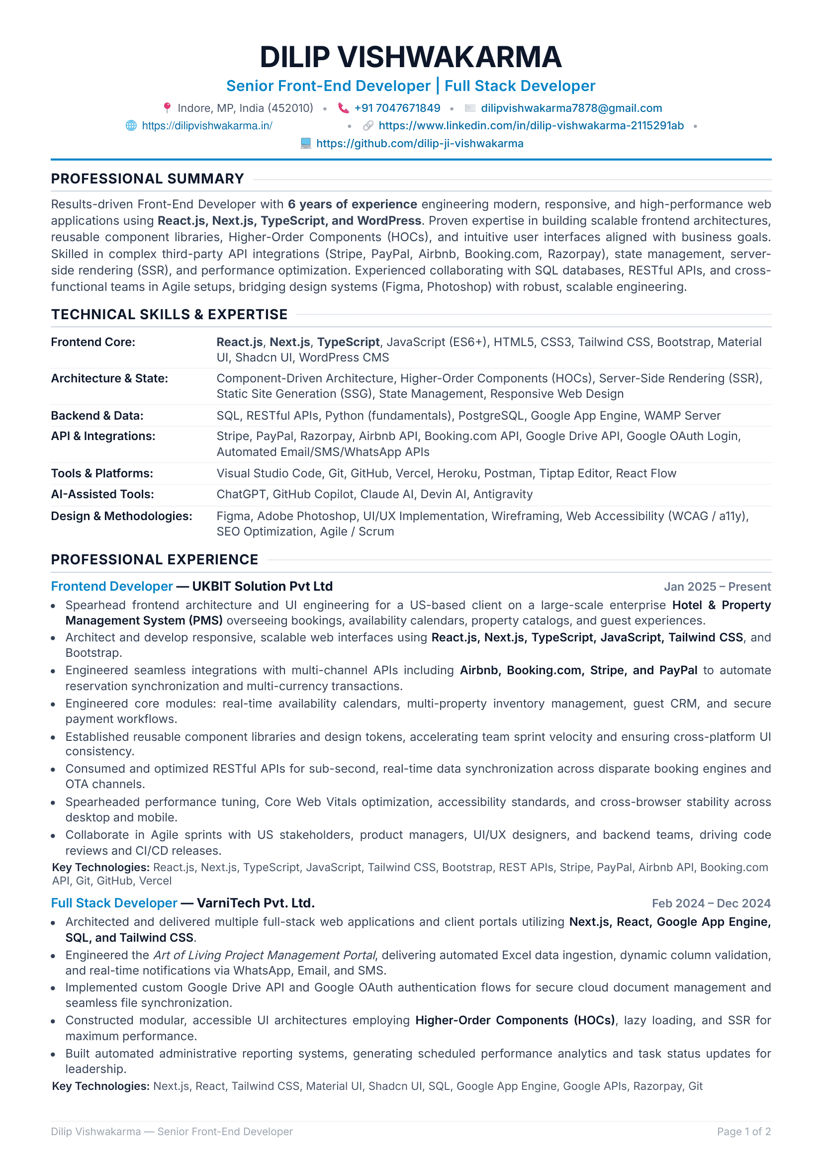 Dilip Vishwakarma Official Resume - Senior Front-End Developer - Page 1